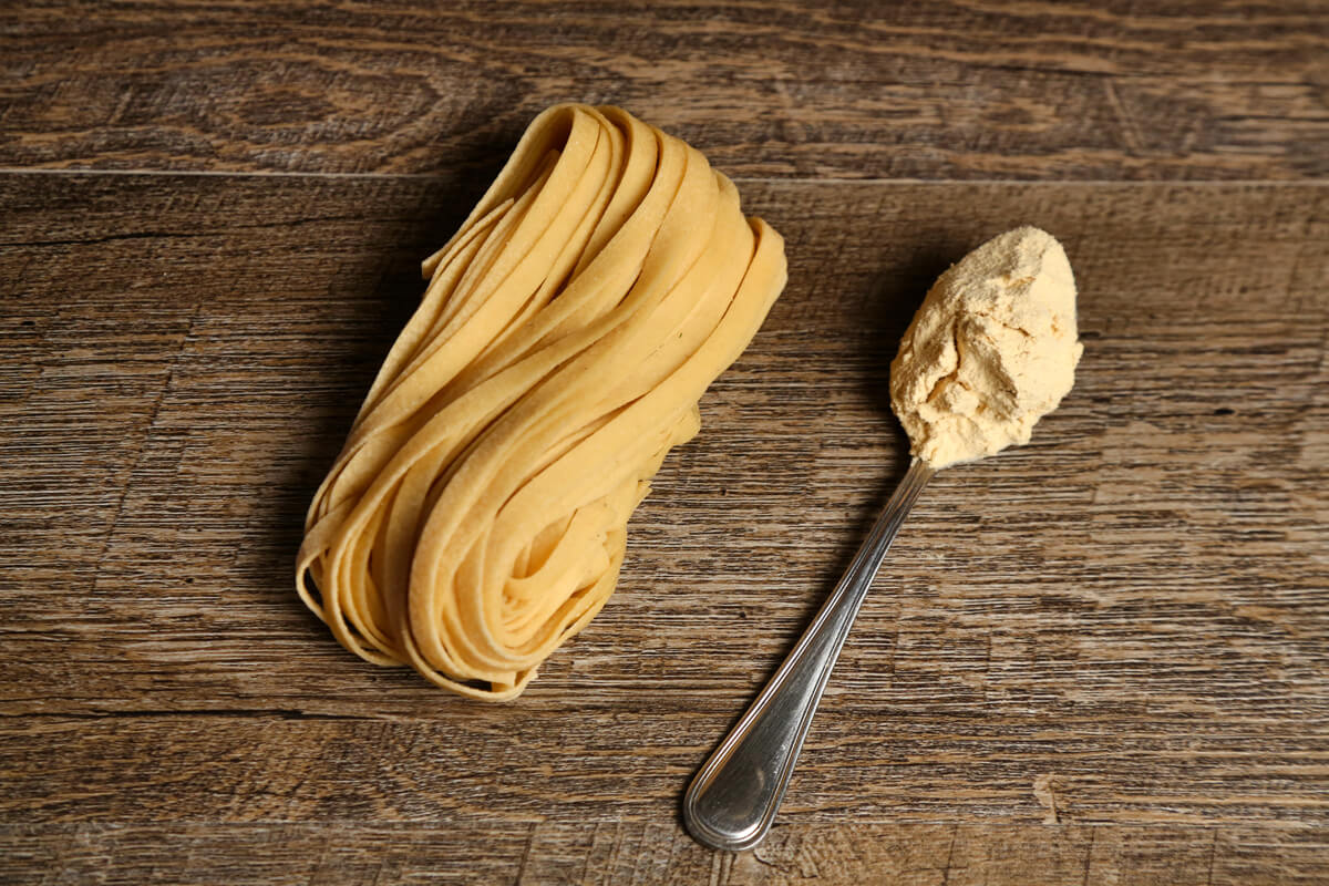 We offer our vegan pasta in fettuccine form, which is a long, flat ribbon-shaped pasta from North-Central Italy with the perfect texture to carry vegan sauces. Made with pea protein, this pasta doesn't lack any sustenance or nutrition and can be deliciously enjoyed by any pasta lover, vegan or not!